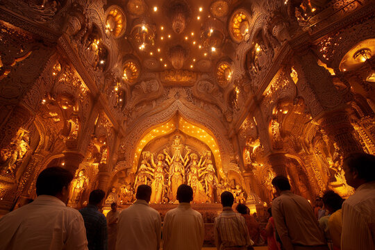 Traditional Durga Puja pandal illuminated with lights and clay idol in Kolkata.
