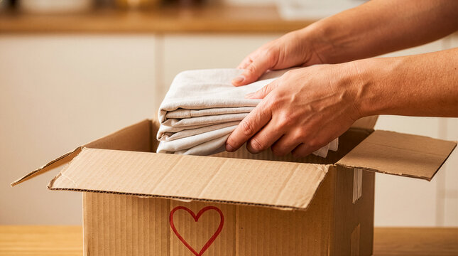 Hands placing folded white towels into a cardboard donation box