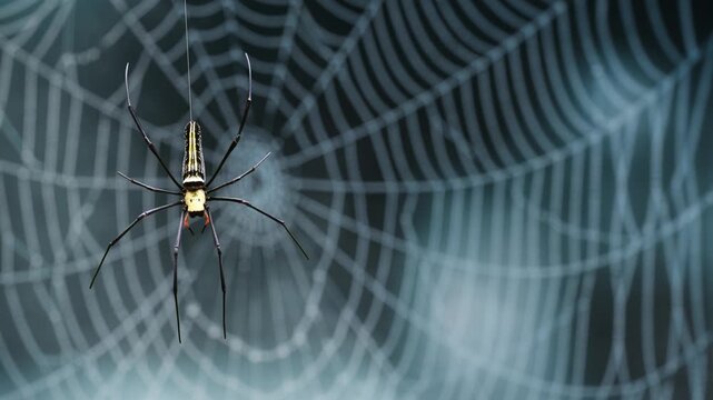 Spider Dangling in a Fog Web 4K Loop features a spider swinging on a web moving its legs with defocused spiderweb blowing in the wind in the background in a loop.