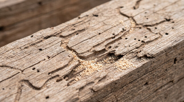 Termite damage on wooden beam close-up  