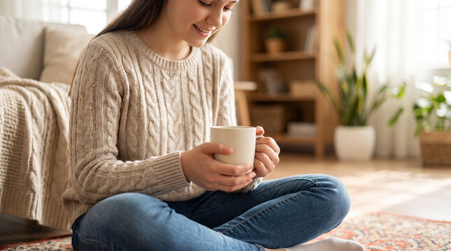 Teen sitting cross-legged with mug in a cozy living room  