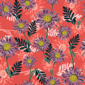 Vibrant botanical daisy seamless pattern with purple pink blossoms yellow centers dark teal serrated leaves and tonal coral line art floral silhouettes on bold salmon red background modern artwork for