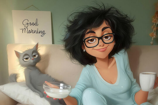 Sleepy woman with morning coffee and grumpy cat in cozy home illustration