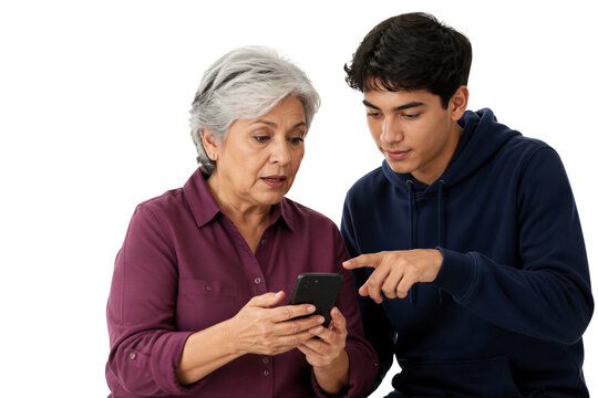 Senior woman and young man looking at smartphone together, pointing at screen, isolated on transparent background. Technology, family, communication, digital literacy.