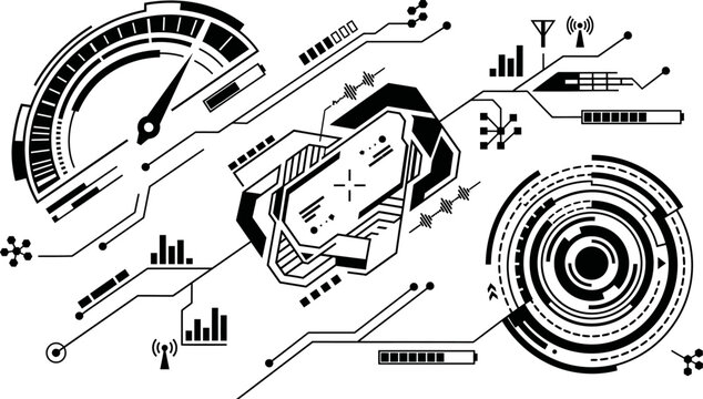 Futuristic Sci-Fi HUD Dashboard Interface with Speedometer Gauge Circular Radar and Circuit Board Lines Vector