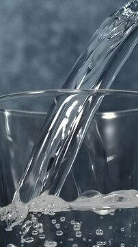 Water pouring from pitcher into glass with ice in slow motion