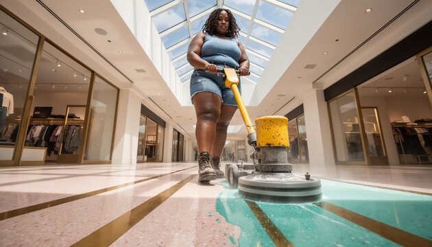 Focused cleaner operating floor polishing machine inside modern retail store, wearing work boots, professional cleaning trade with copy space for text