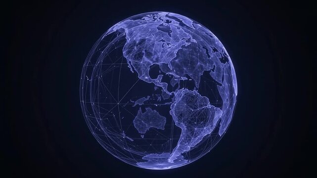 Futuristic digital Earth globe rotating with glowing global network connection lines