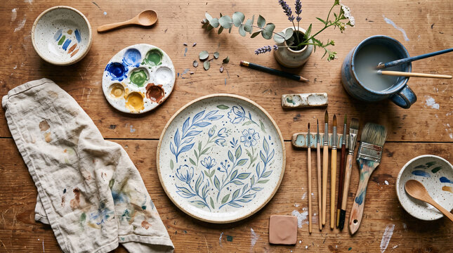 ceramic painting workspace arrangement with painted plate, brushes, and palette on wooden table