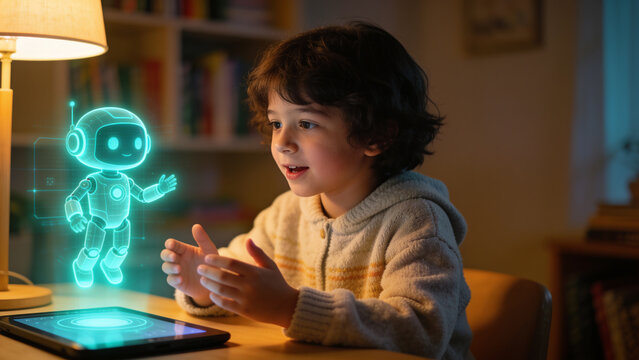 Child talking to a glowing holographic AI assistant in the evening