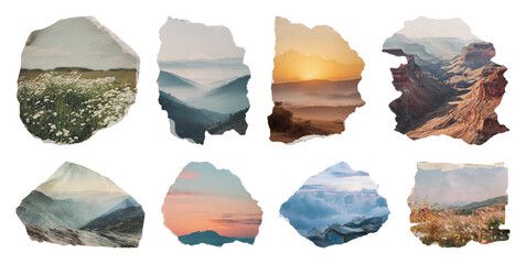 Obraz premium PNG Collage of scenic landscapes in torn paper style, transparent background