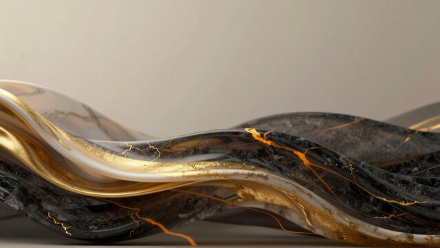 abstract digital art piece appears wave like design wave different shades black gold black side gold right side gold curved has glossy finish while black smooth shiny curves wave elongated wavy