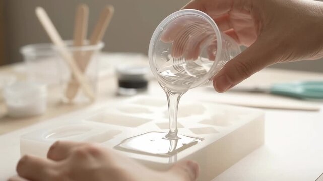 Hands pouring resin into a mold on a crafting table  