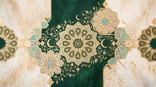 islamic geometric pattern festive background with gold and green ornaments