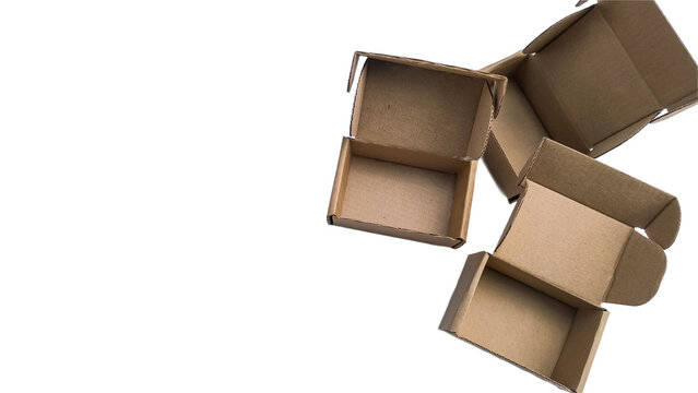Group of open craft cardboard tuck top boxes with ears on isolated white background.