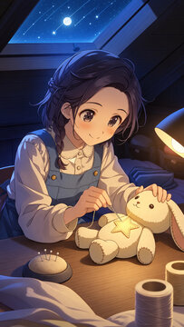 Girl sewing a plush bunny with glowing thread in a starry attic，星空の見える屋根裏部屋で光る糸を使いウサギのぬいぐるみを縫う少女