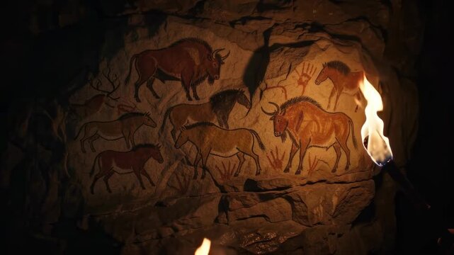 Prehistoric cave paintings of animals illuminated by torchlight  