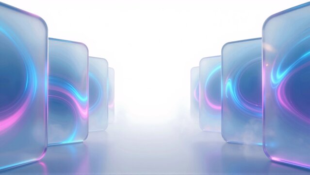 group six square shaped cubes arranged row white surface cubes different sizes colors blue pink purple cube has unique wave like pattern its surface creating sense depth dimension background solid