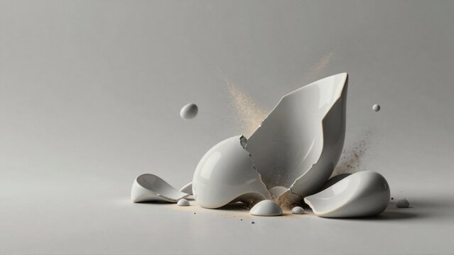 rendering broken white eggshell plain grey background eggshell center top half shell facing upwards bottom half facing downwards shell broken half pieces scattered around small amount dust debris