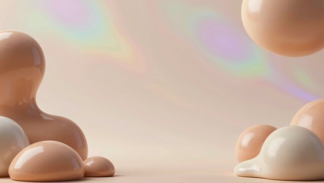 rendering group spheres beige background spheres different sizes shapes being larger others smaller side large elongated sphere appears smooth glossy material sphere right side slightly larger than