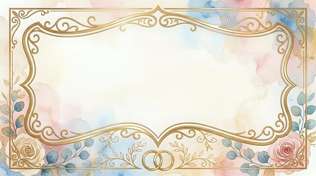 Ornate gold decorative frame with floral watercolor accents and scrollwork border