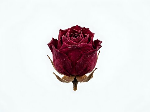 Dried deep burgundy rose bloom with brown stem and sepals isolated on white background
