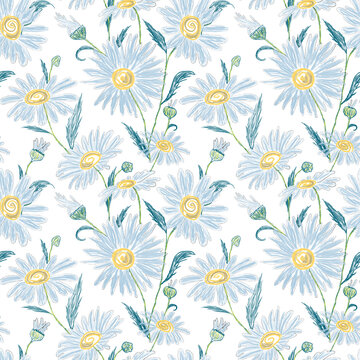 Hand drawn sketch floral seamless pattern with pastel blue daisy flowers yellow centers and teal leaves on clean white background artistic botanical illustration for fashion apparel wallpaper and stat