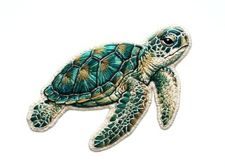 Fototapeta premium Sea turtle with turquoise and golden shell swimming, detailed illustration