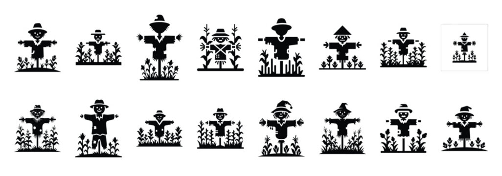 Collection of halloween cornfield scarecrow silhouette vector illustration icon set. Halloween collection silhouette celebration icons.