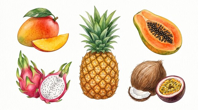 Watercolor tropical fruit collection, exotic pineapple and mango illustrations, botanical dragon fruit and papaya set on white background