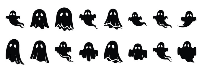 Collection of halloween floating ghost silhouette vector illustration icon set. Halloween collection silhouette celebration icons. © Poli