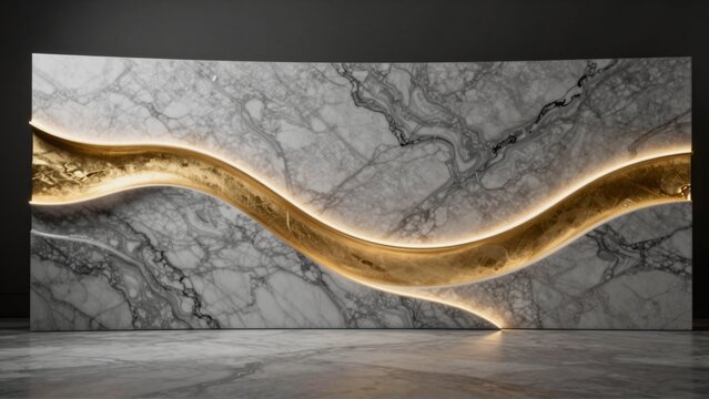rendering modern abstract art piece focal point large curved wall white marble black veins running through marble has glossy finish veins outlined gold creating striking contrast against white