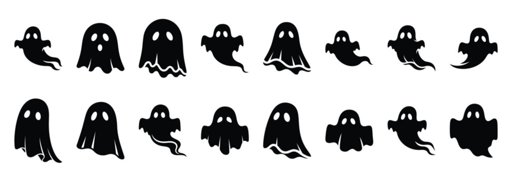 Collection of halloween floating ghost silhouette vector illustration icon set. Halloween collection silhouette celebration icons.