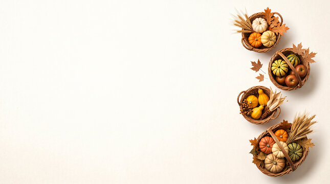 Woven Baskets Filled with Autumn Produce Arranged on Light Textured Surface