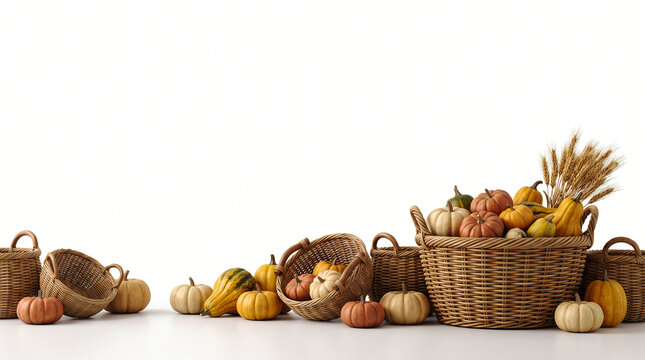Autumn harvest produce in wicker baskets on wooden table
