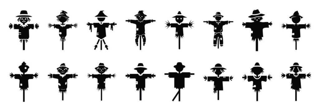 Collection of halloween scarecrow silhouette vector illustration icon set. Halloween collection silhouette celebration icons.