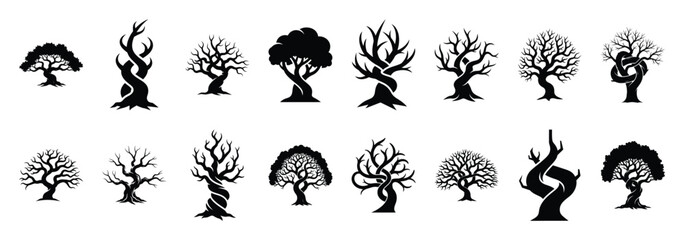 Fototapeta premium Collection of halloween twisted tree silhouette vector illustration icon set. Halloween collection silhouette celebration icons.