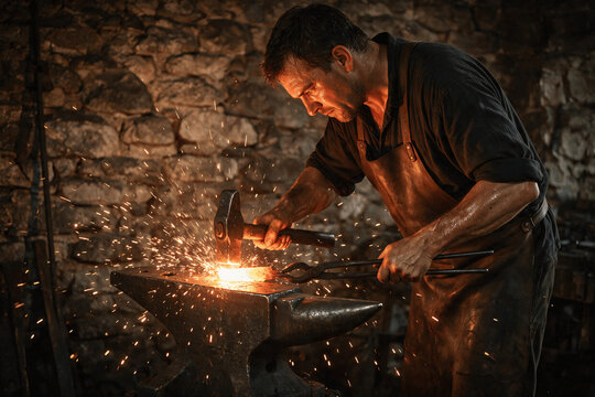 Blacksmith Striking Red-Hot Metal on Anvil