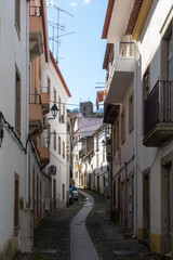 Fototapeta premium Narrow cobblestone street leading towards the ancient stone castle in Castelo Branco, a Portuguese city