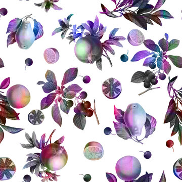 Vintage botanical seamless pattern with iridescent purple pear magenta pomegranates citrus slices and dark foliage scattered on clean white background classical fruit illustration for fashion apparel 