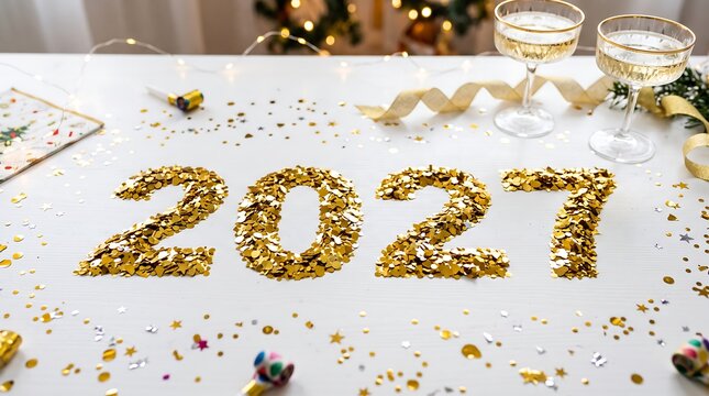 Celebration tabletop display featuring golden confetti year two thousand twenty one