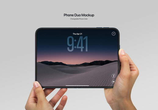 Phone Duo Mockup - Hands Holding Unfolded Phone