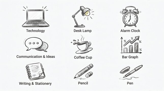 Office and stationary line art icons set, hand drawn work tools with laptop, desk lamp, alarm clock and graph