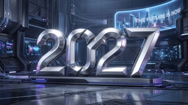 Futuristic digital display showing year two thousand twenty seven design