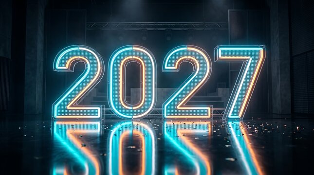 Futuristic neon digital display showing year two thousand twenty seven celebration design