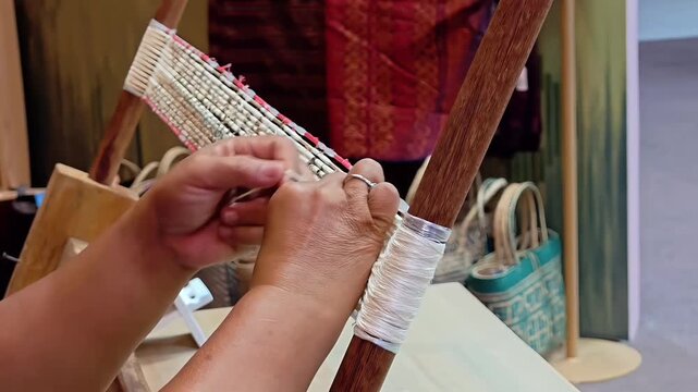 Artisan weaving and sewing straw cords into wicker cloth fabric, Textile Art Craftsmanship, Manual Work, Asian Culture, Handcraft Artisan