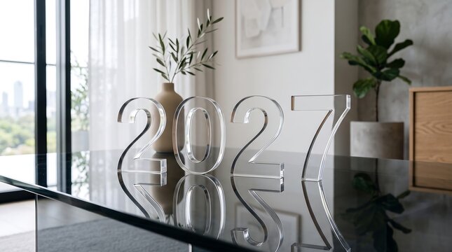 Modern glass number sign displaying year two thousand twenty seven indoors