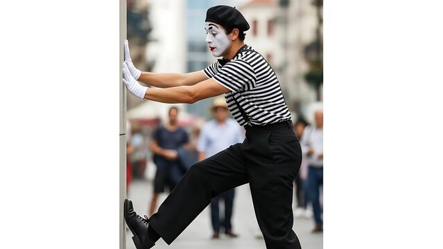 Street performer mime acting as if pressing against invisible wall with creative