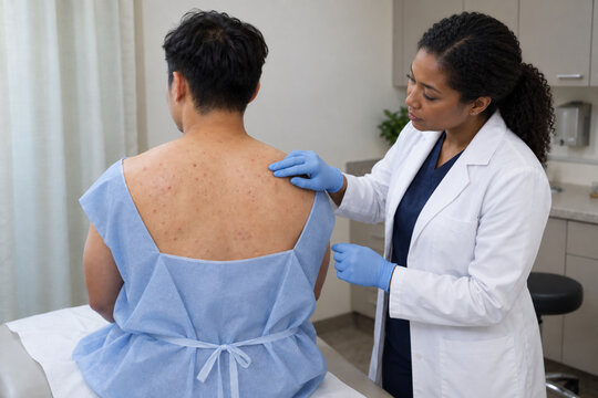 Dermatologist examining back acne on Asian male patient in clinic
