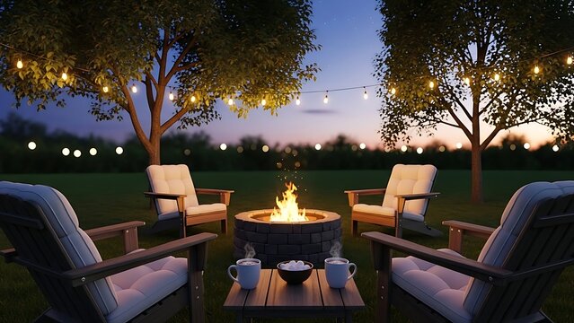 Outdoor backyard fire pit area with wooden chairs and string lights at dusk outdoor living patio furnitur